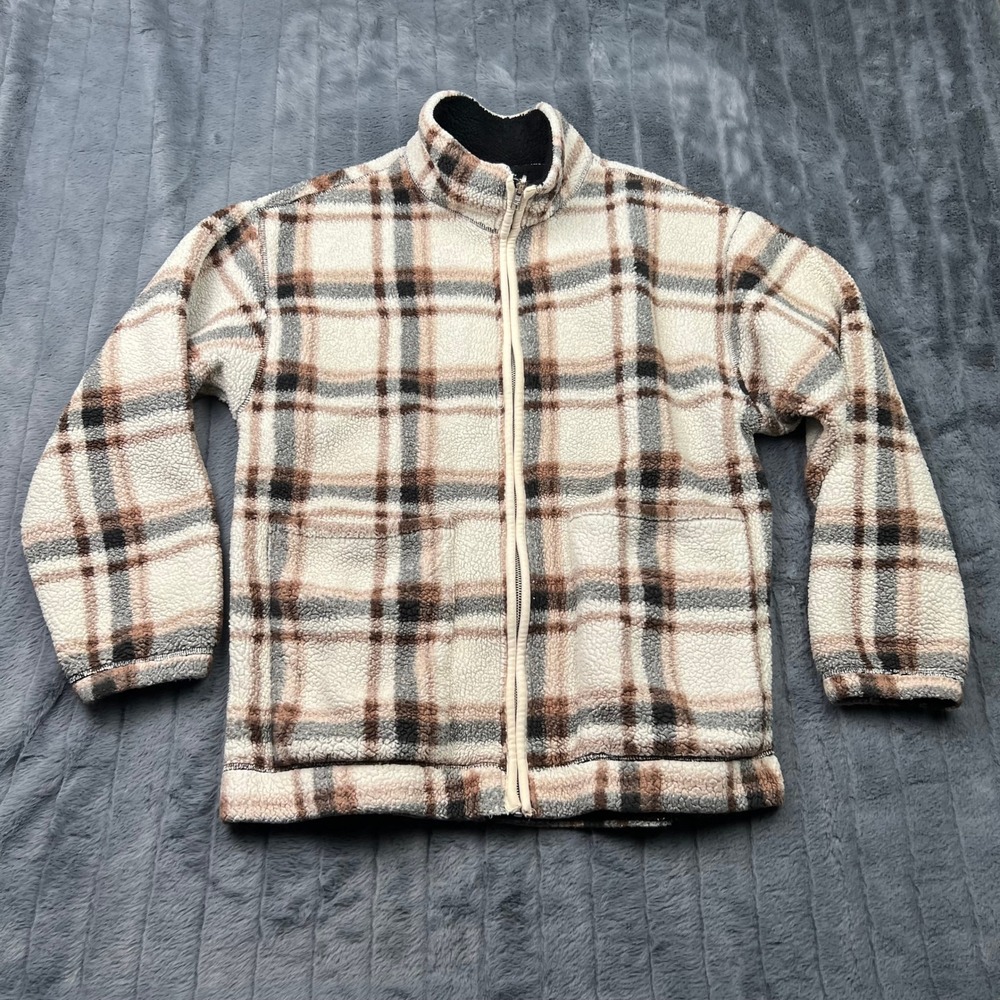 Hollister Mens Plaid Sherpa Fleece Jacket Cream Brown Full Zip Mock Neck Medium